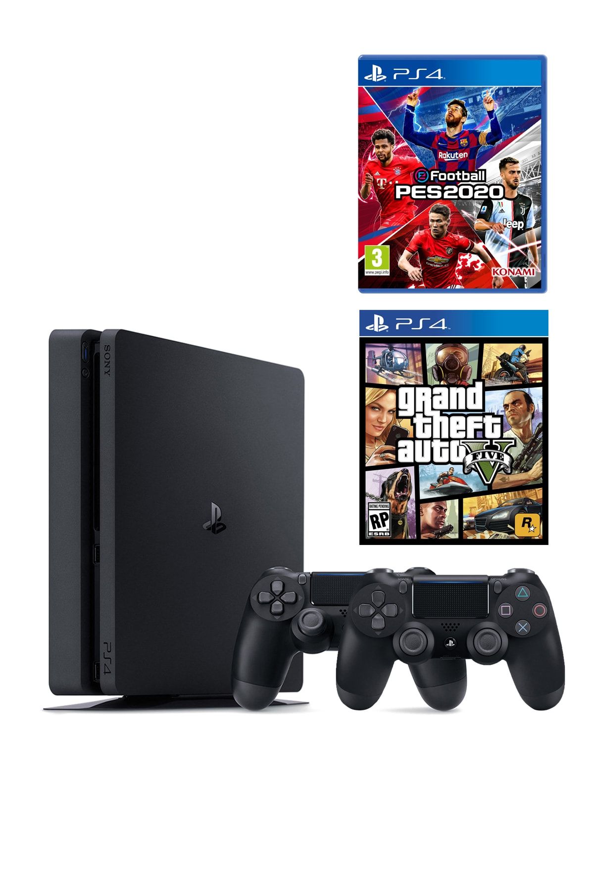 Sony Playstation 4 Slim 500 GB + 2. PS4 Kol + PS4 Pes 2020 + PS4 GTA 5 (Eurasia Garantili)