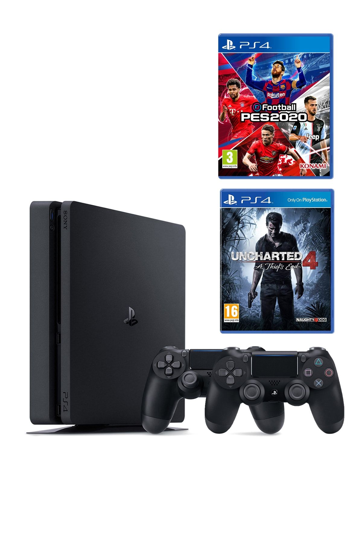 Sony Playstation 4 Slim 1 TB + 2. PS4 Kol + PS4 Pes 2020 + PS4 Uncharted 4
