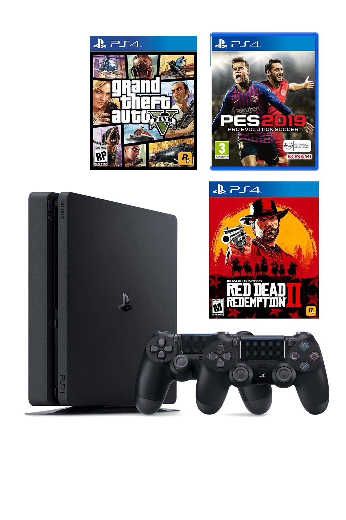 Sony Playstation 4 Slim 1 TB + 2. PS4 Kol + PS4 GTA 5 + Pes 19 + Red Dead Redemption 2