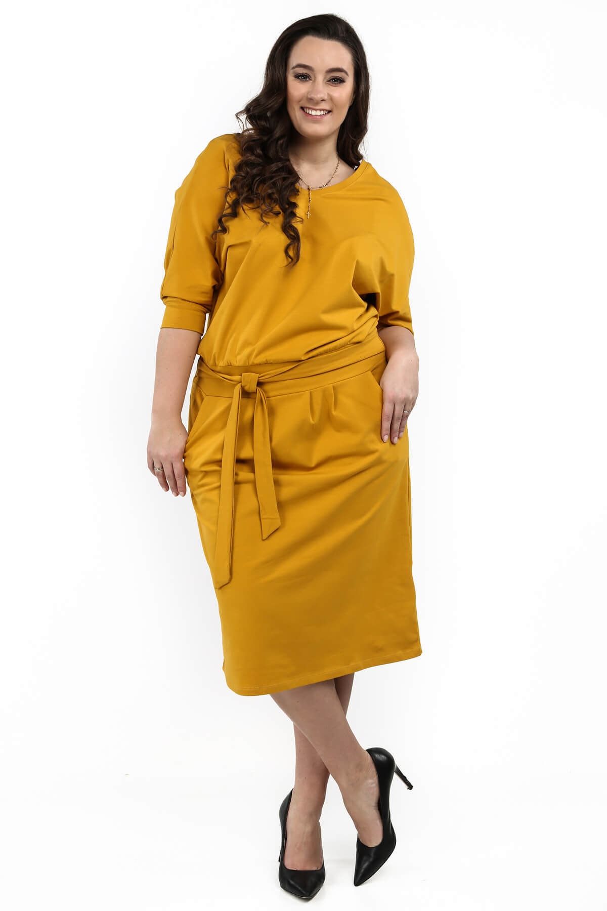 fasardi Kadın Sarı Belden Bağlamalı V Yaka Büyük Beden Elbise