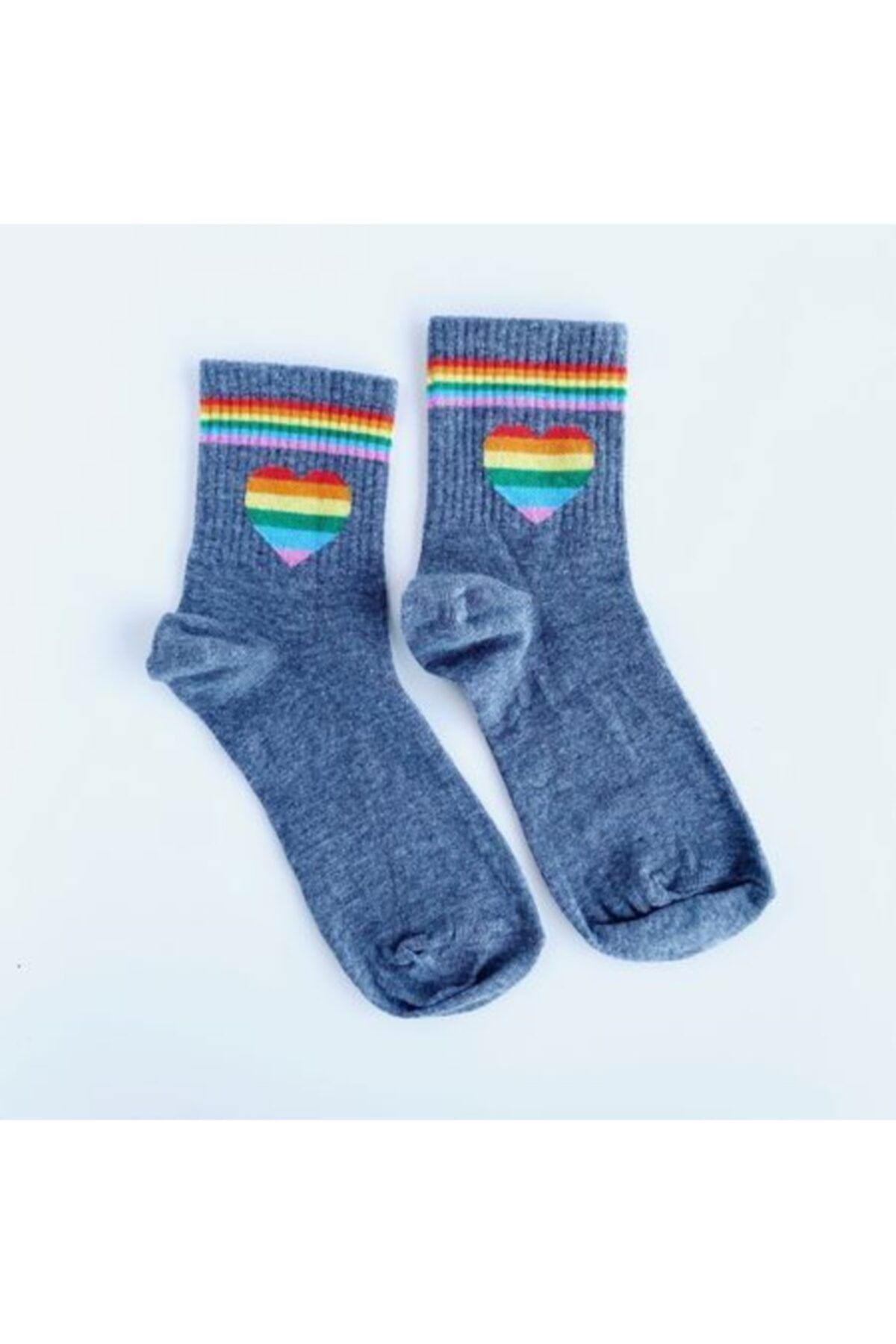 Bikutumutluluk Hediyelik - N136 - Rengarenk Renkli Kalp Gri Çorap
