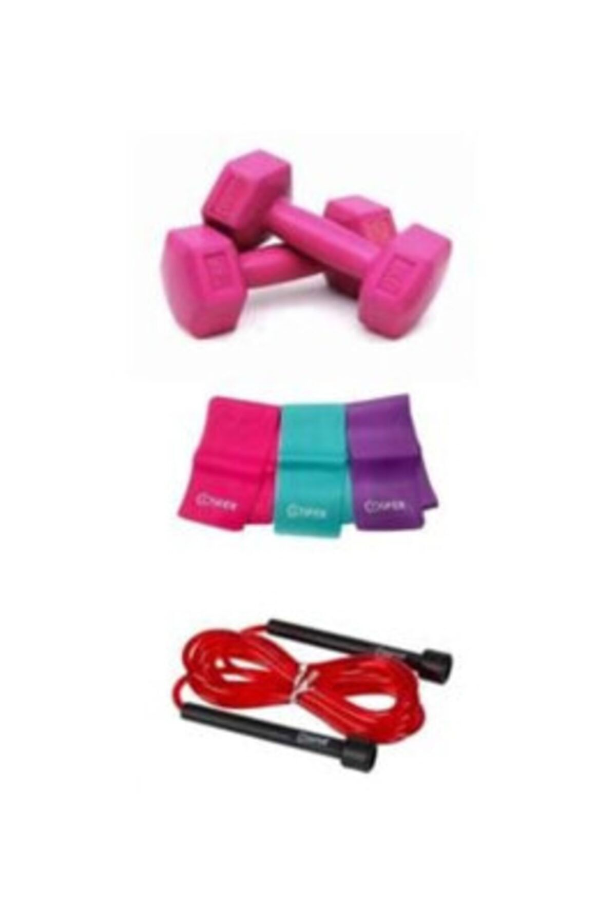 Cosfer Pilates Lüx 3 Lü Set Dambıl Direnç Bant Atlama Ipi Spor Kondisyon Pembe Kırmızı