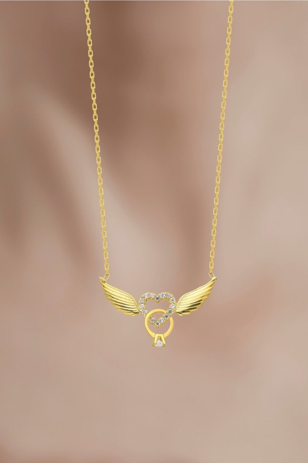 Bilsen Store Kadın 925 Ayar Gümüş Zincirli Altın Kaplama Melek Kalp Tektaşlı Kolye