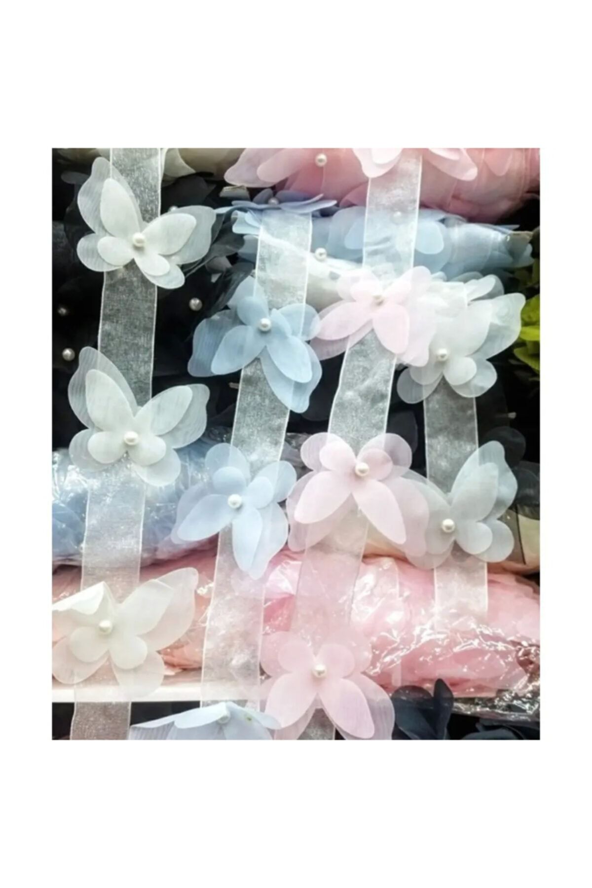 Hayaller Dükkanı Beyaz 12 li Kelebek Lazer Kesim İncili Kumaş Çiçekler