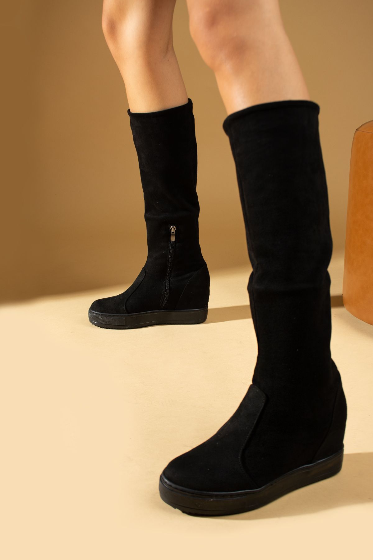 Pembe Potin Siyah Kadın Günlük Rahat Kalıp Diz Altı Süet Streç Çorap Gizli Topuk Çizme