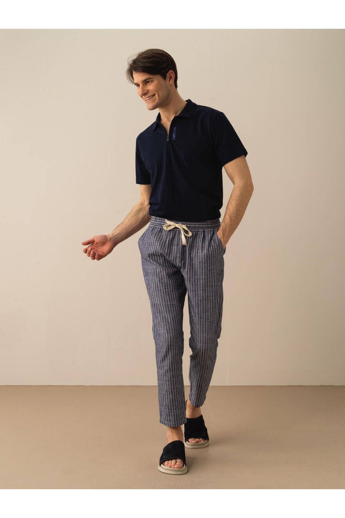 Xint Erkek Lacivert Pamuk Keten Karışımlı Regular Fit Pantolon