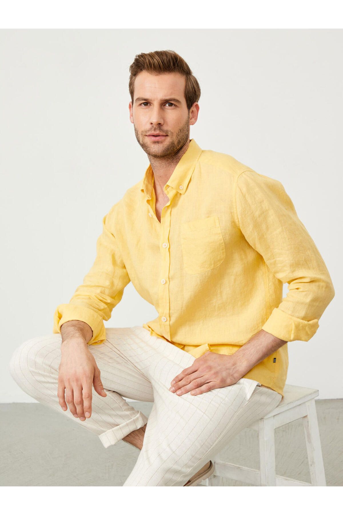 Xint Erkek Sarı %100 Keten Regular Fit Basic Gömlek