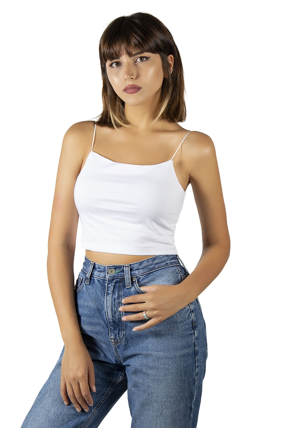 VEAVEN Kadın Beyaz Ip Askılı Crop Top Büstiyer Bluz Atlet