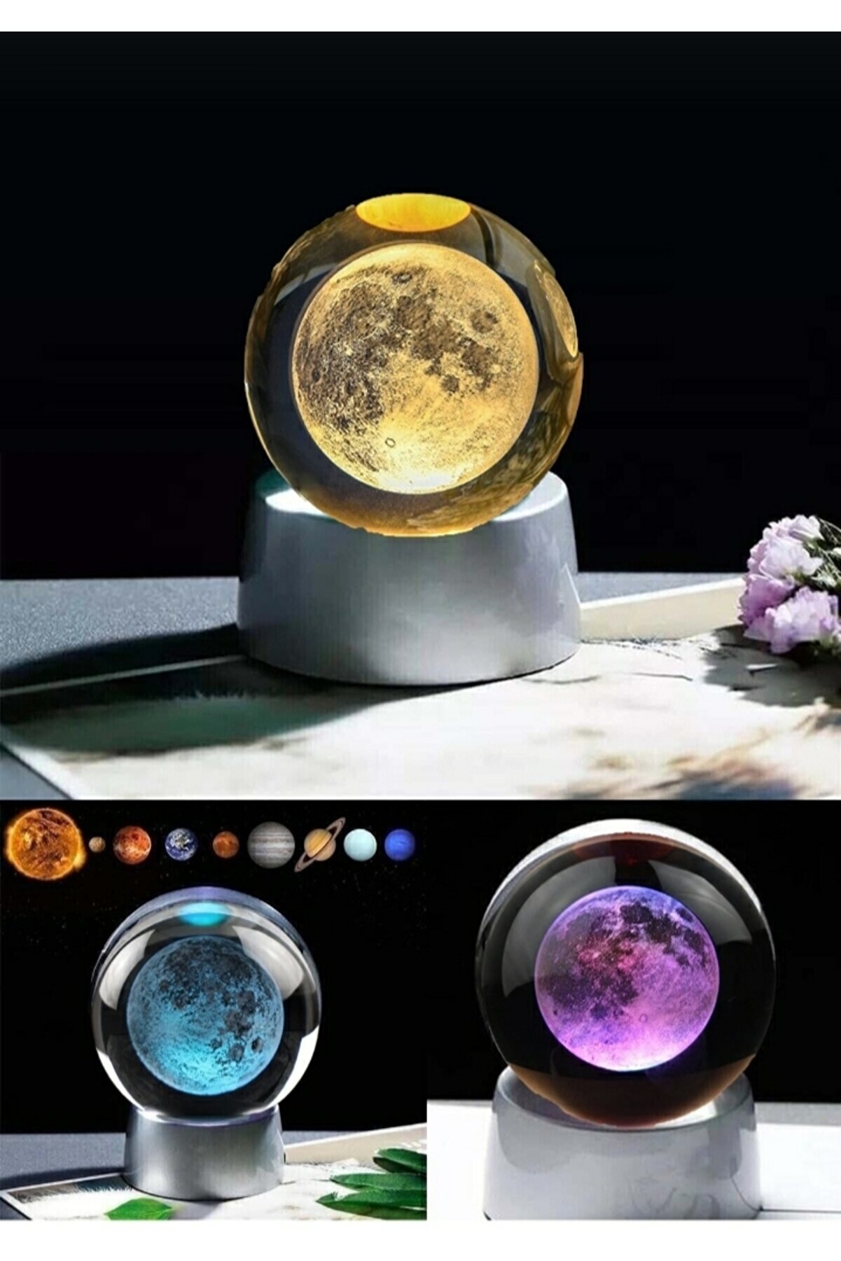 Genel Markalar Kristal 3D Işıklı Renk Değiştiren Standlı Ay Tasarımı Cam Küre