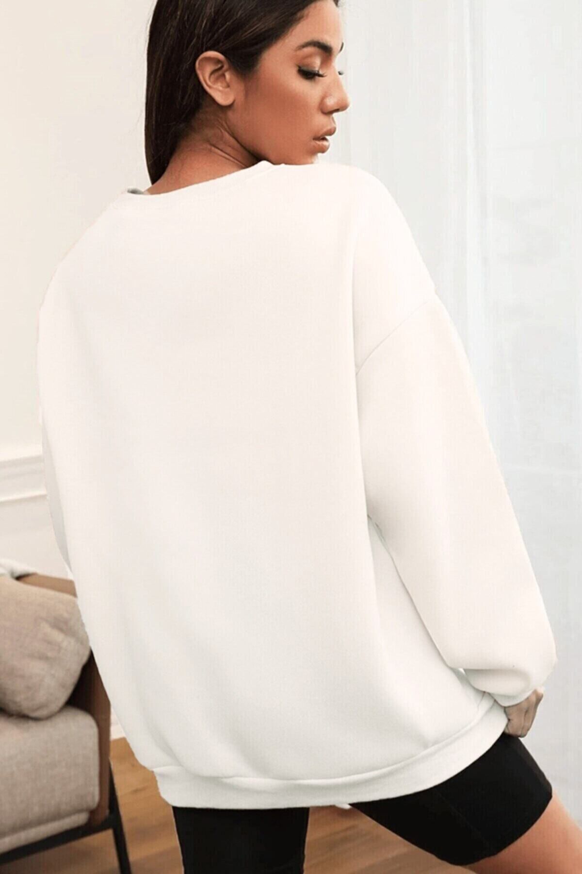 NewCabin Kadın Basic 0 Sıfır Yaka Baskısız Düz Oversize Salaş Bol Kesim Polar Sweatshirt