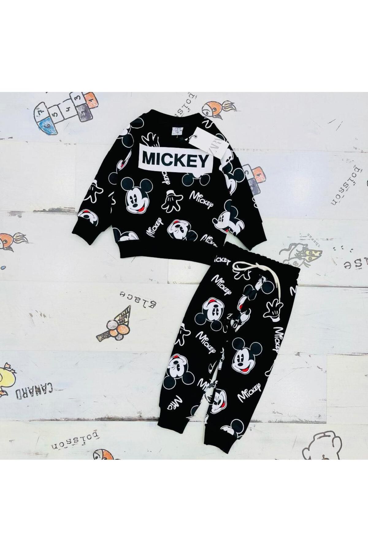 SML Tekstil Mickey Mouse Çizgi Karakterli Siyah Erkek Çocuk Eşofman Pijama Alt Üst Takımı