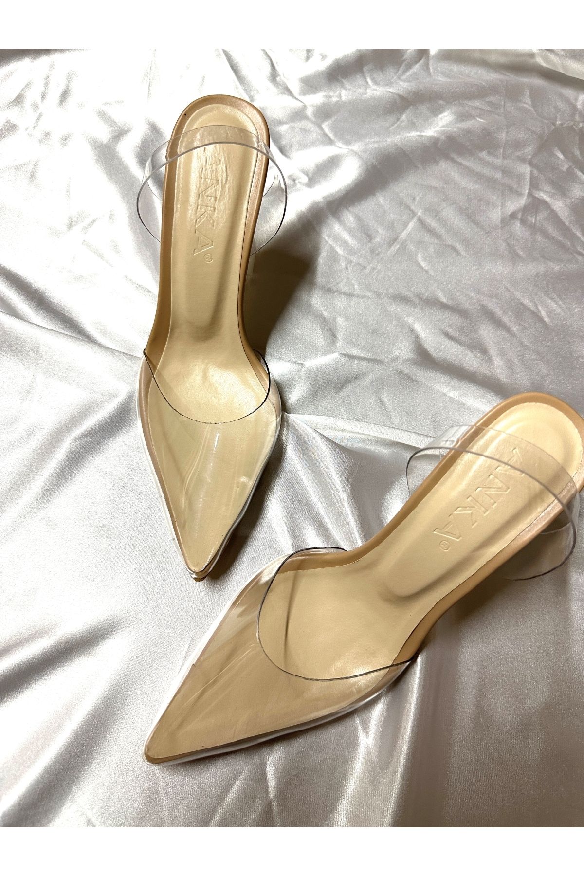 TrendyAnka Kadın Princess Nude Bej Ten 8 cm Şeffaf Topuklu Stiletto Sivri Burunlu Ayakkabı