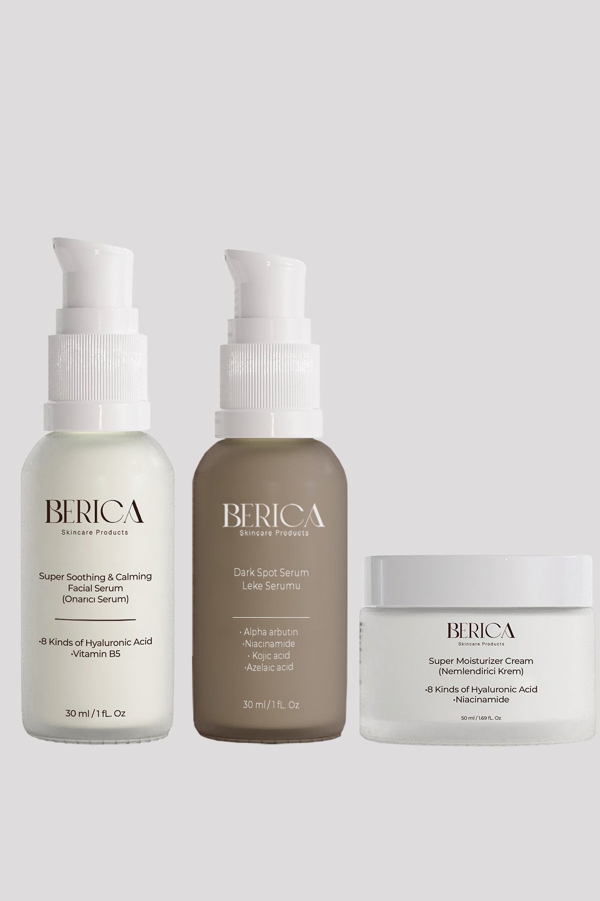 Berica Skincare Products Leke Serumu - Onarıcı Serum - Nemlendirici Krem 3lü Set