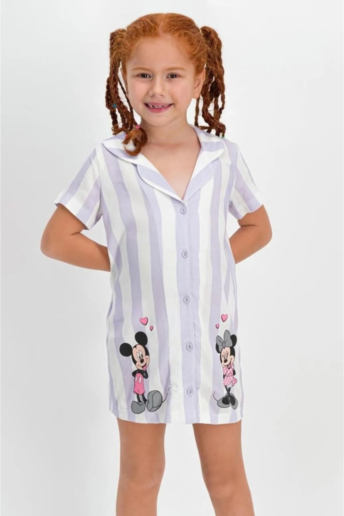 Genel Markalar Mickey Mouse Lisanslı Beyaz-Lila Düğmeli Kız Çocuk Homewear Gömlek Elbise