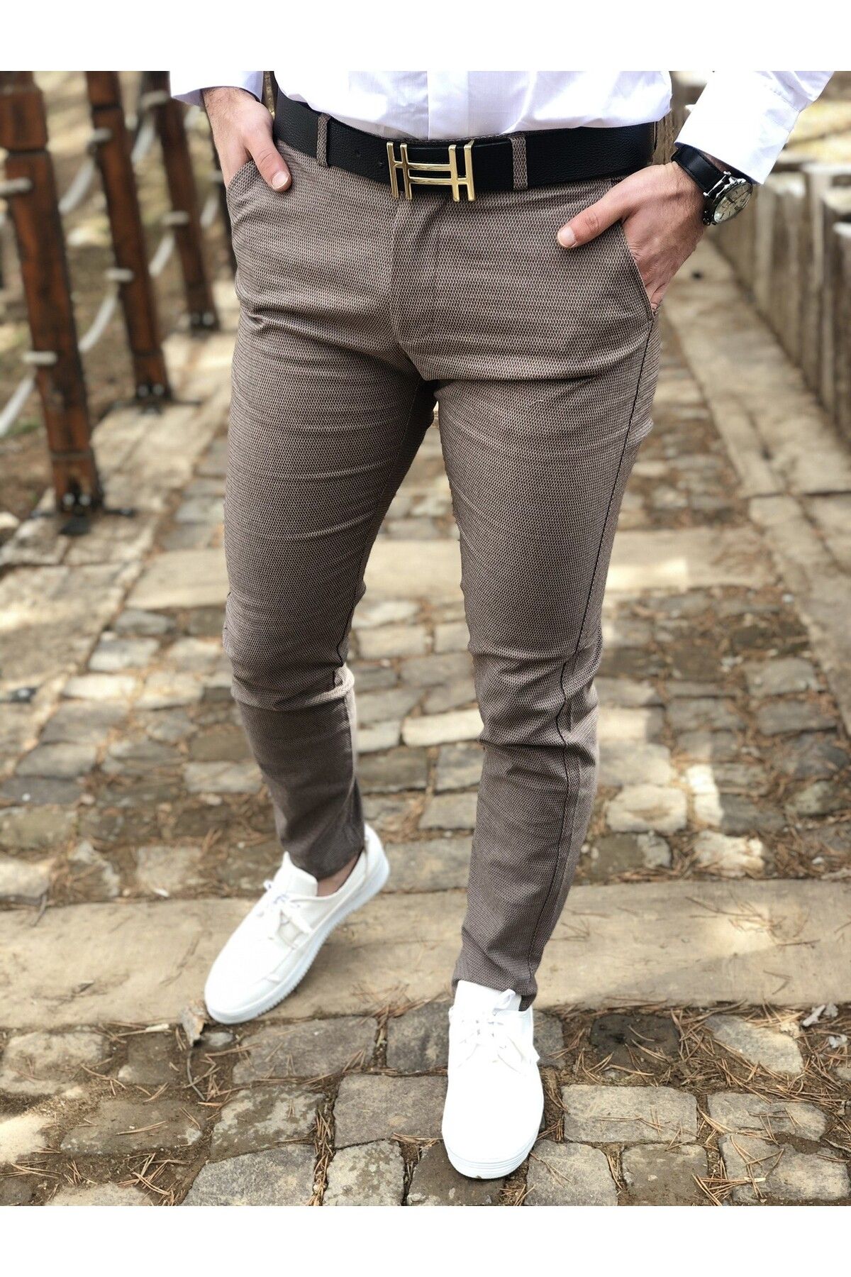 ukdwear Erkek Kahverengi İtalyan Kesim Petek Desen Keten Pantolon