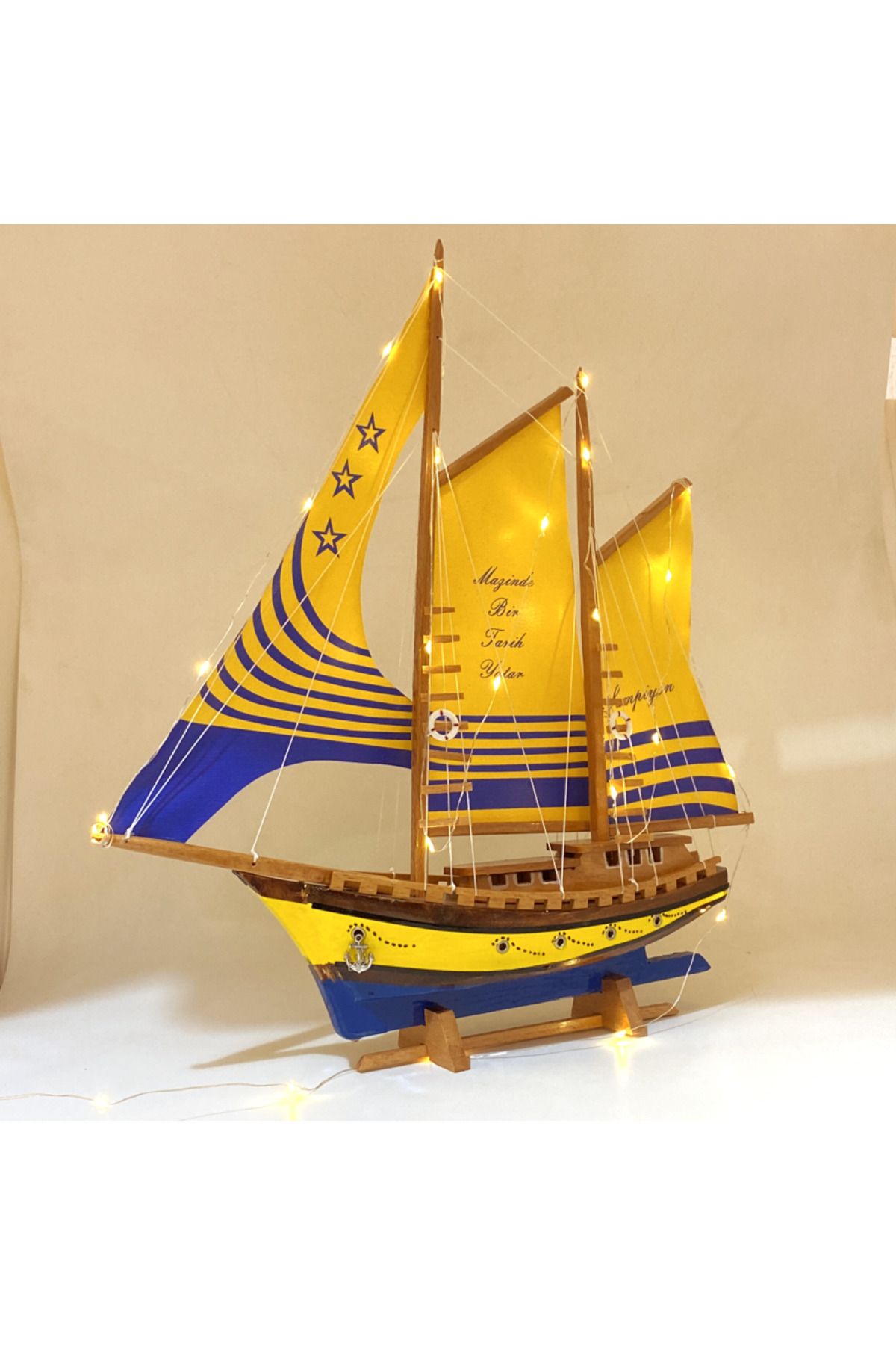 YİĞİTOĞLU DESIGN Led Işıklı Tasarım Büyük Boy Gemi Maketi - Sarı Lacivert - Ahşap Gemi
