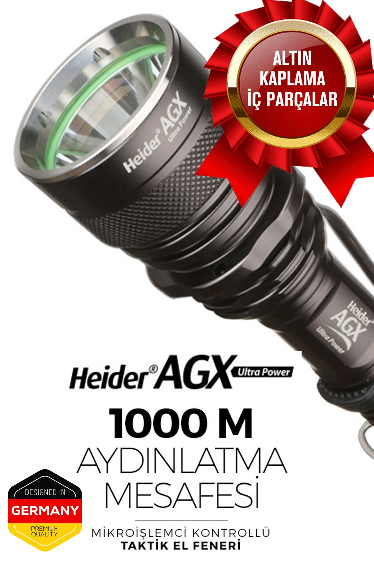 Heider AGX Ultra Power V3 - 1000m Mesafeli El Feneri - Altın Kaplama İç Parçalar - Şarjlı