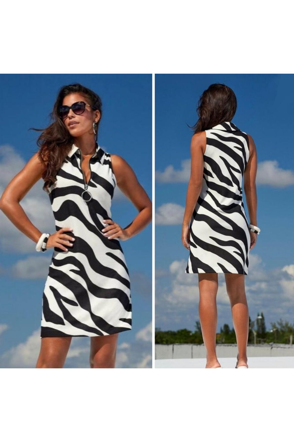 rengafashion Kadın Desenli Zebra Desen Iki Iplik Kumaş Fermuarlı Elbise