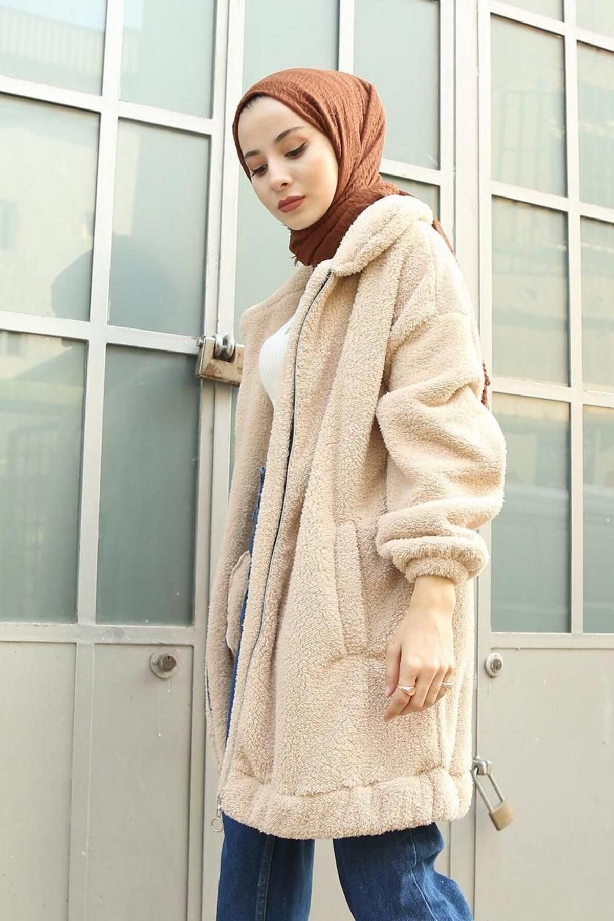 moda periy kadın modest basic mevsimlik kışlık Fermuarlı cepli Peluş Tesettür Hırka kap