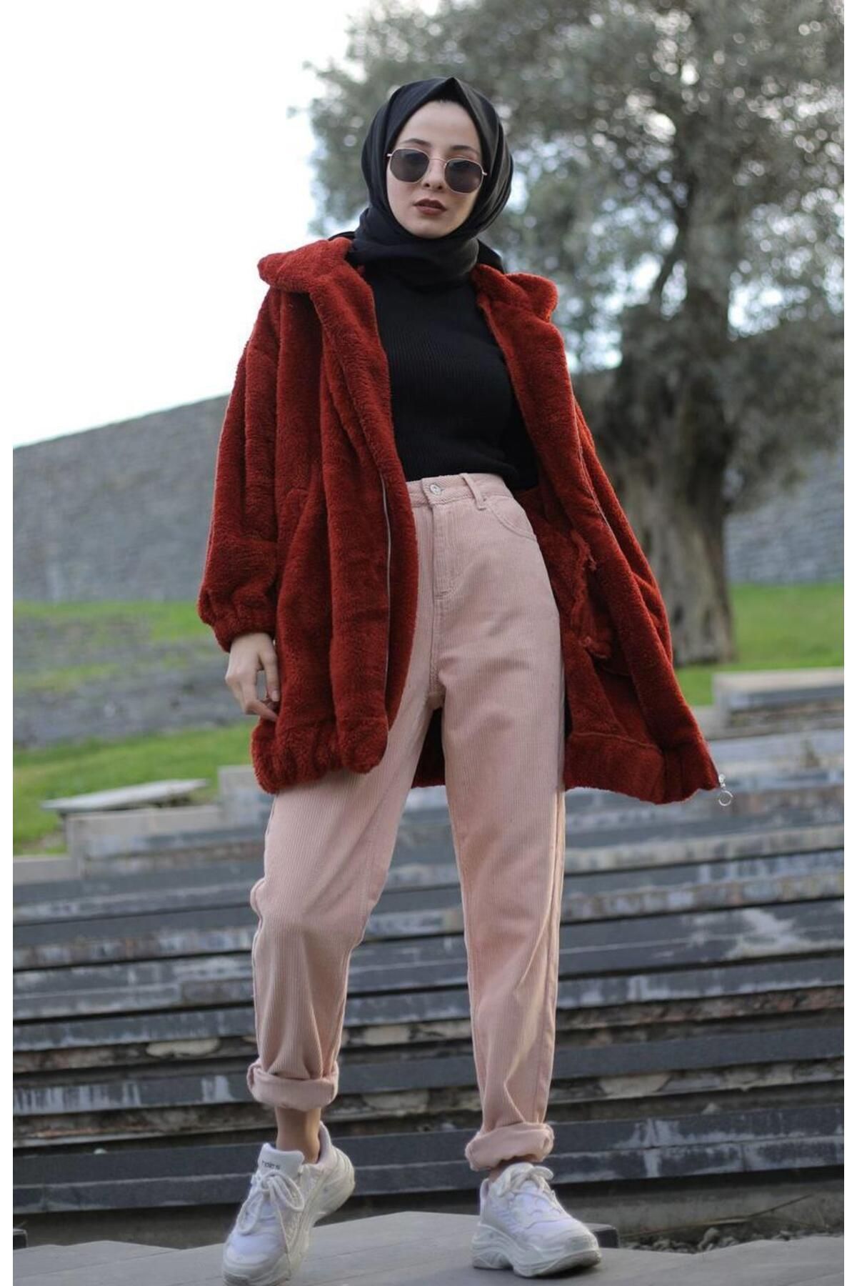 moda periy kadın modest basic mevsimlik kışlık Fermuarlı cepli Peluş Tesettür Hırka kap