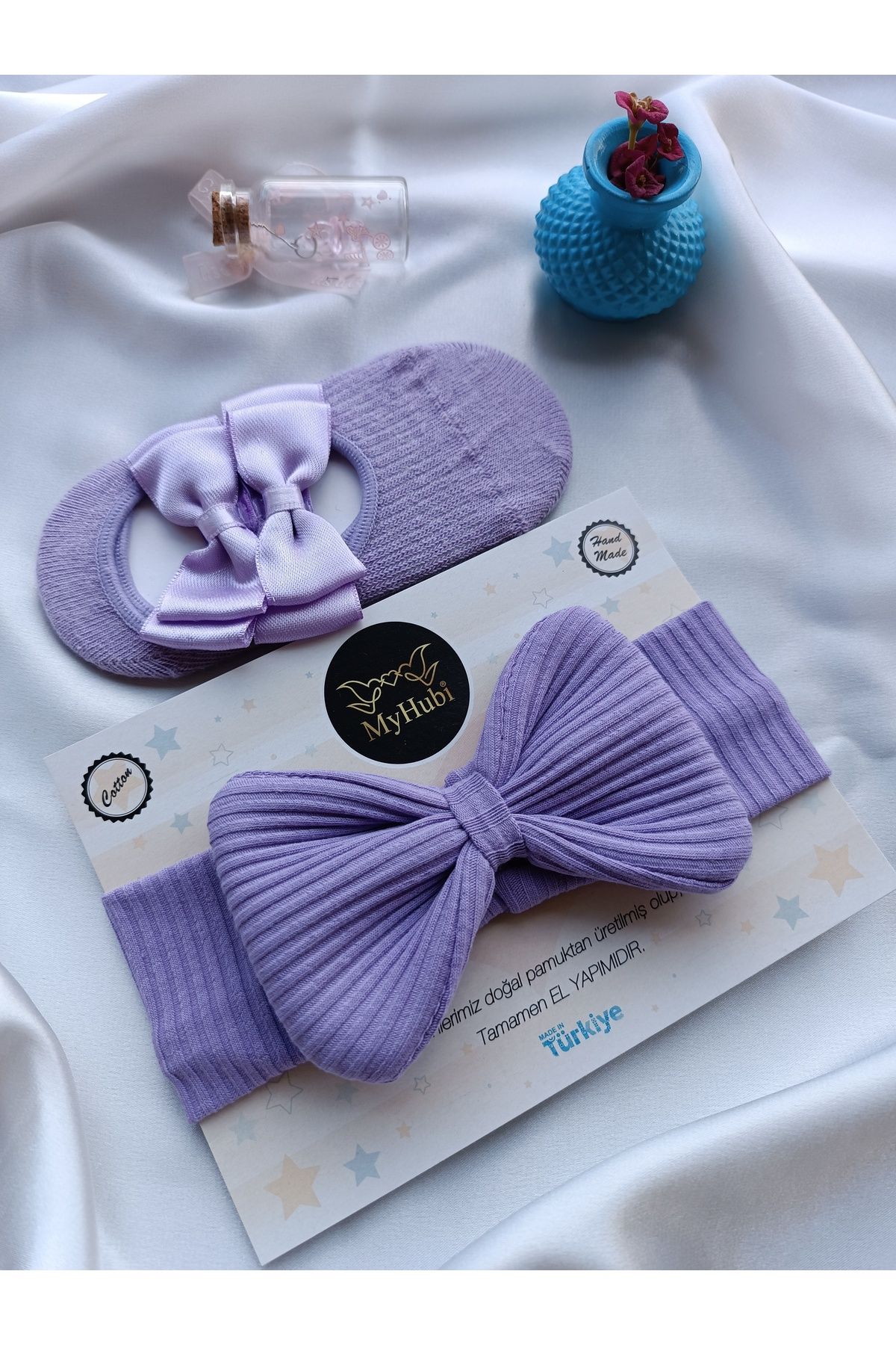 MyHubi 2'li Kombin El Yapımı Kız Bebek GRAND Bandana & Özel Aksesuarlı Babet Çorap