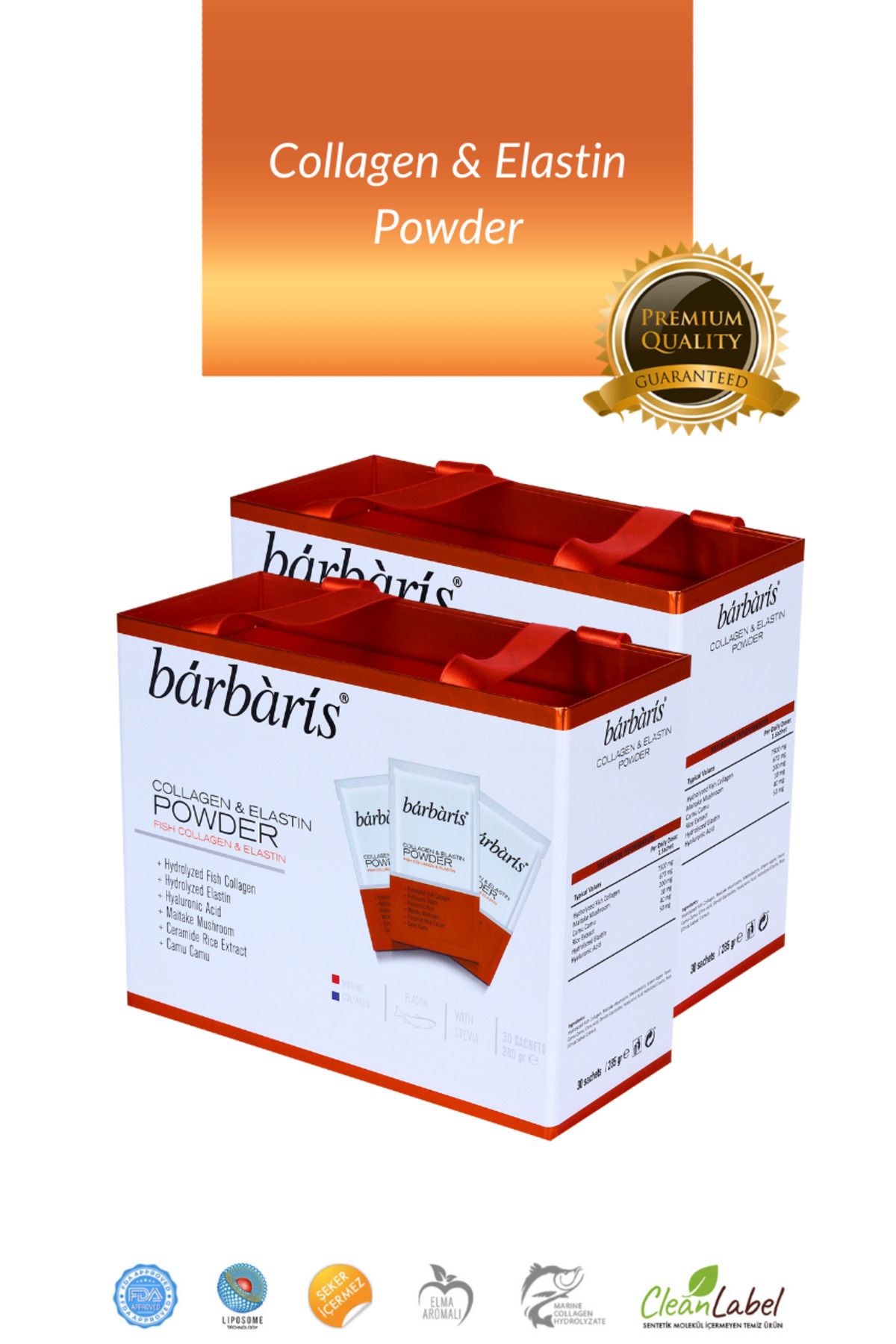 Barbaris Kolajen & Elastin Powder %100 Saf Balık Tip1,tip3 Doğal Antioksidanlar Cilt Saç Tırnak 30 Saşe*2pk