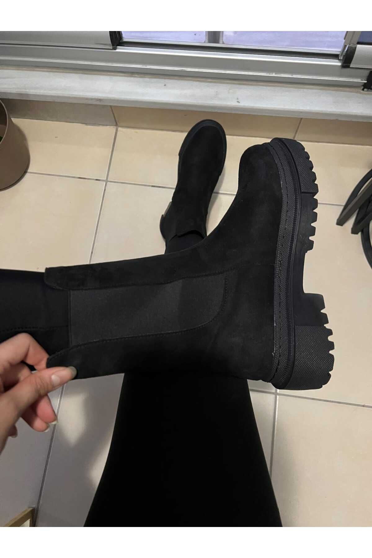Genel Markalar Kadın Siyah Süet Lastikli Bot Ayakkabı