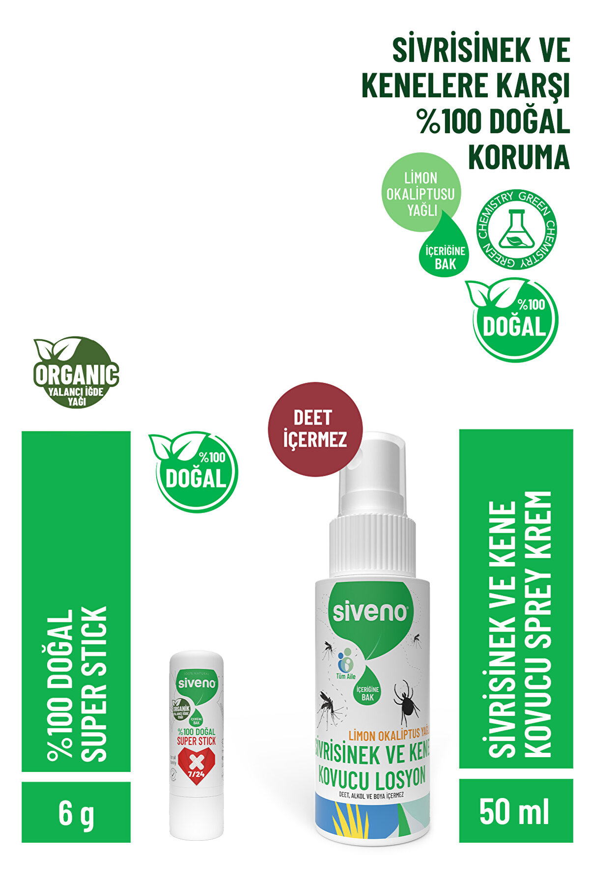 Siveno Sivrisinek Ve Kene Kovucu Sprey Losyon 50 ml + Doğal Super Stick 6 G