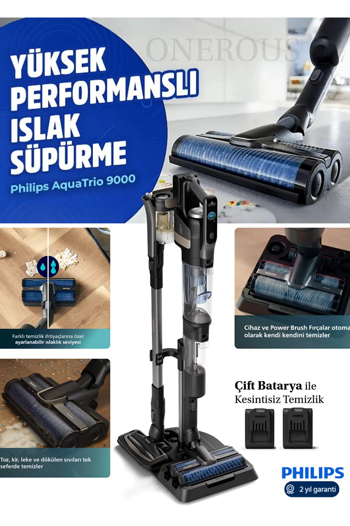 Aqua Trio Çift Batarya 9000 Serisi 3'ü 1 Arada Otomatik kendini temizleme Islak_163Kuru Dikey Süpürge