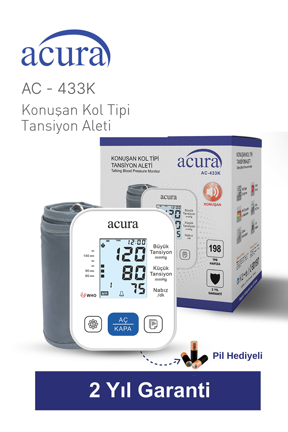 Acura AC-433K Türkçe Konuşan Koldan Tam Otomatik Tansiyon Aleti Çanta Hediyeli