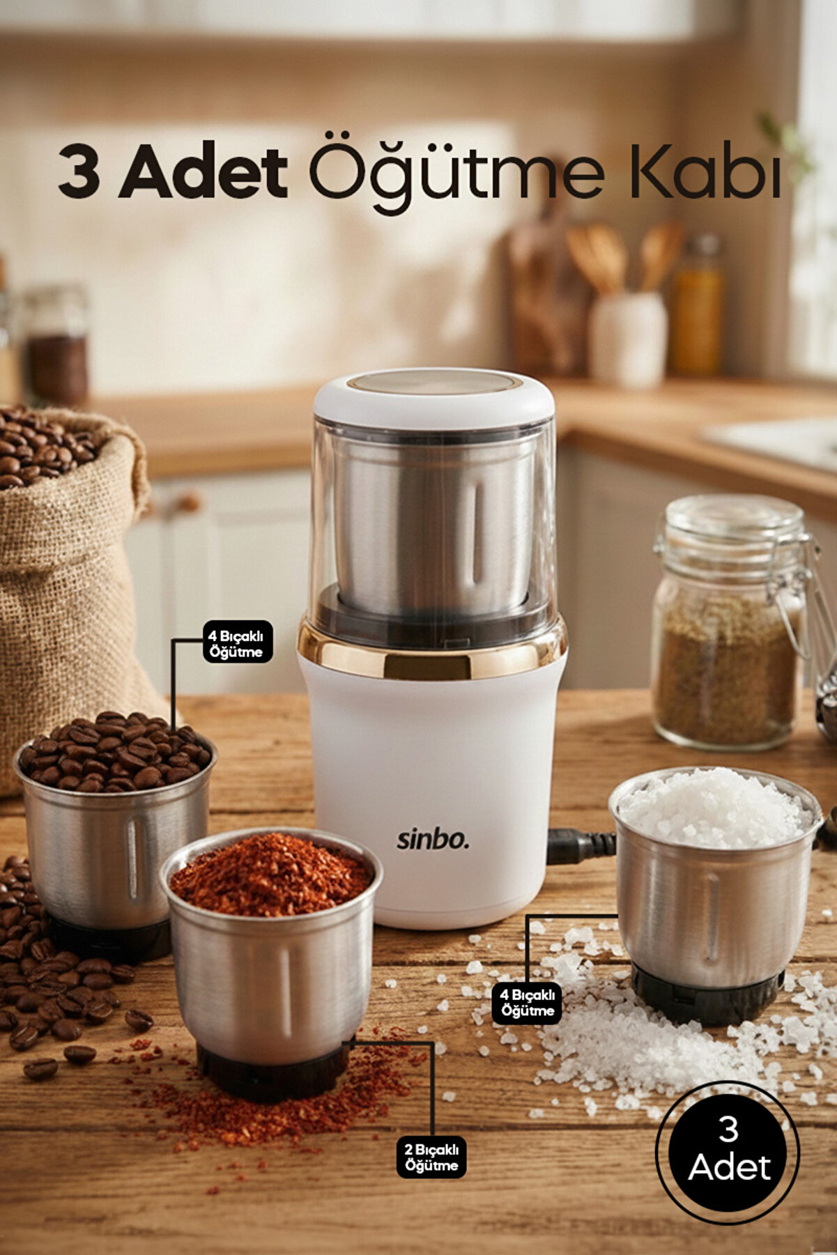 Sinbo SCM-9037 3 Hazneli Çok Amaçlı Öğütücü – Kahve & Baharat | Beyaz Gold