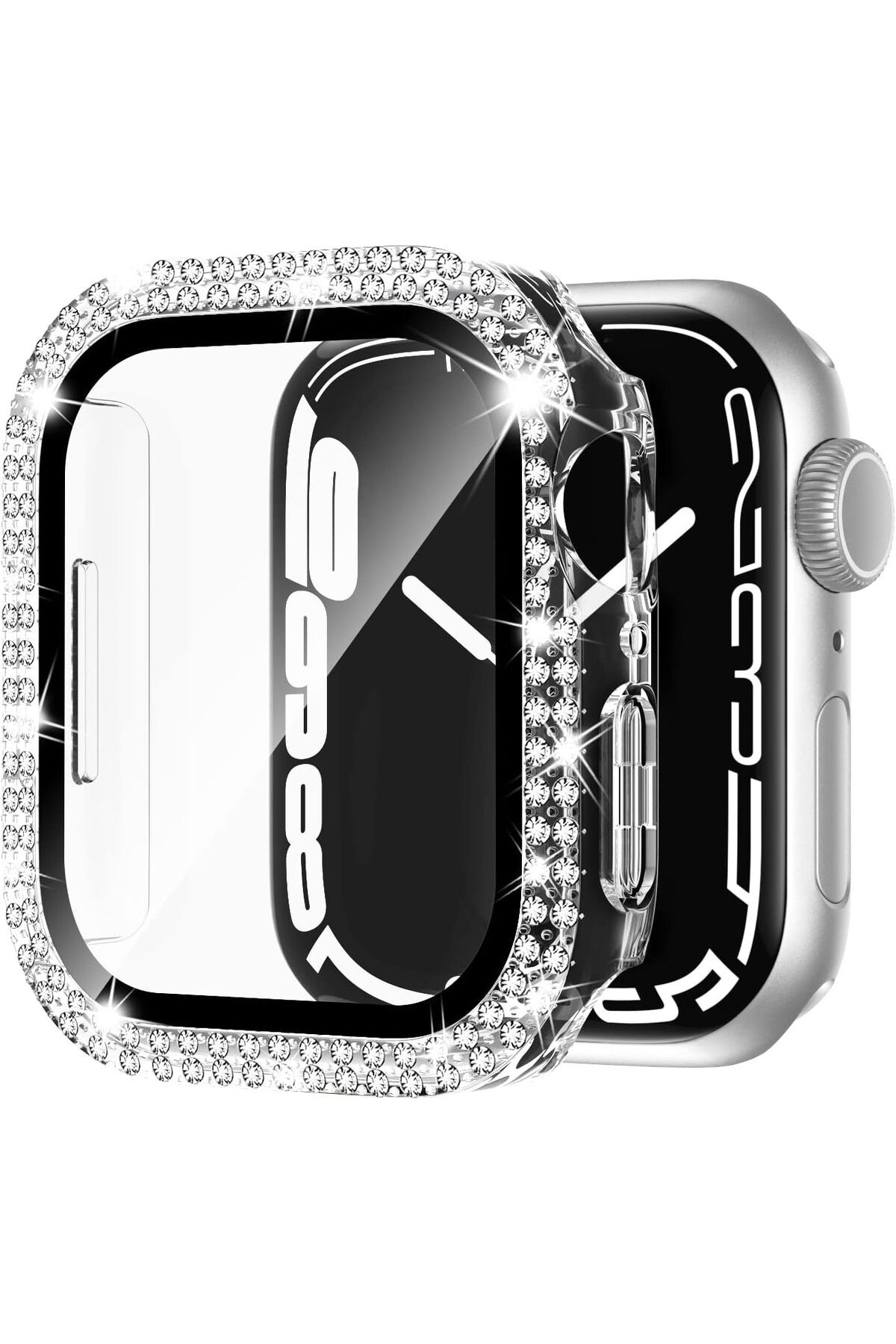 mimtec Apple Watch 1 2 3 4 5 6 7 8 9 Se Serisi Uyumlu 45mm Taşlı 360 Tam Koruma Şeffaf Silikon Kılıf