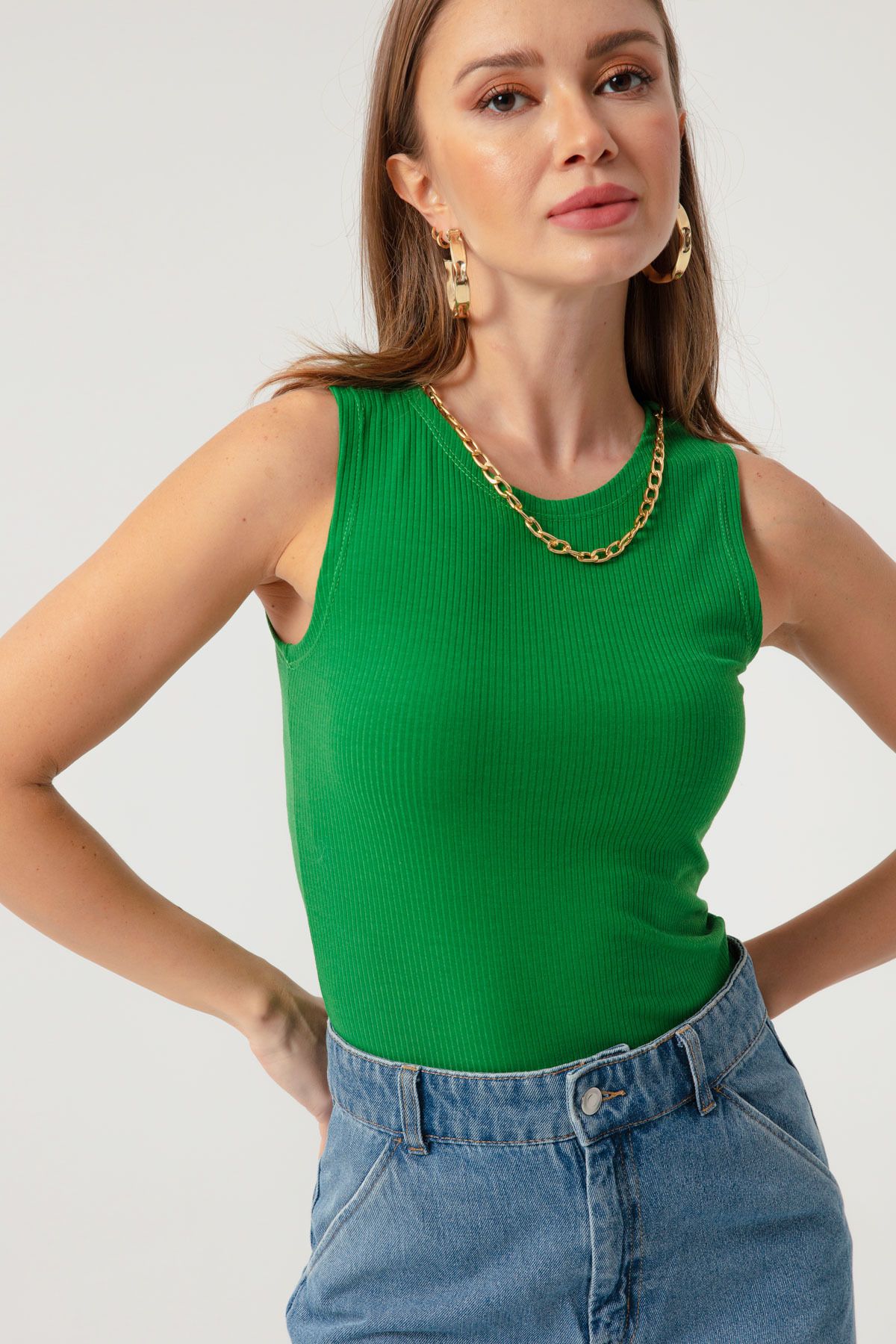 Lafaba Kadın Yeşil Zincir Kolyeli Örme Bluz