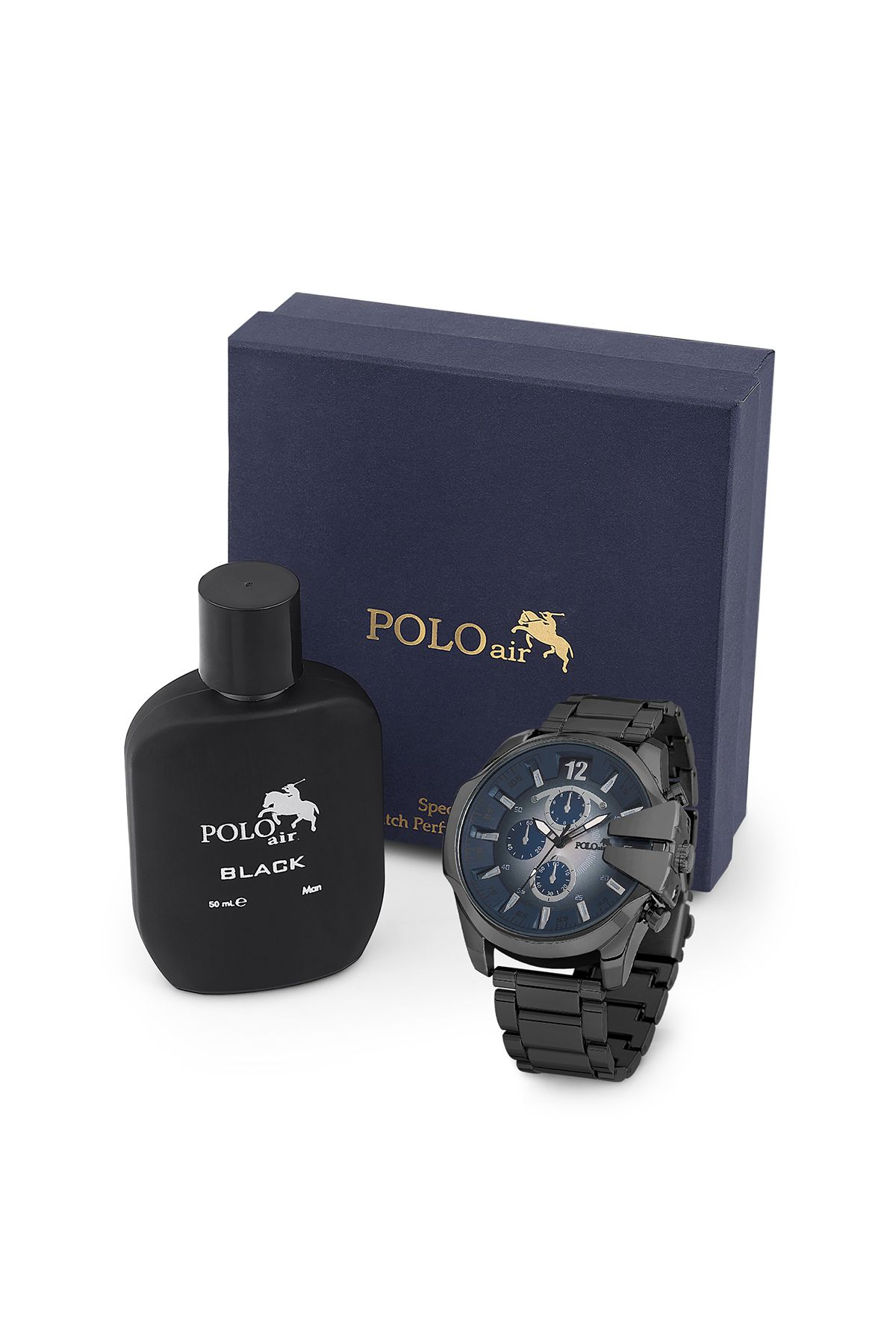 polo air Erkek Kol Saati Ve Parfüm Seti Hediyelik Kutusunda Kombin Siyah-Lacivert Renk