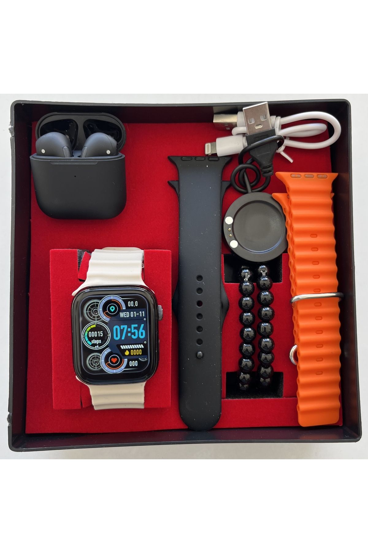 Burj Akıllı Saat T700S Pro5 Bluetooth Kulaklık 3 Adet Kordon Bileklik Hediye Kutusu