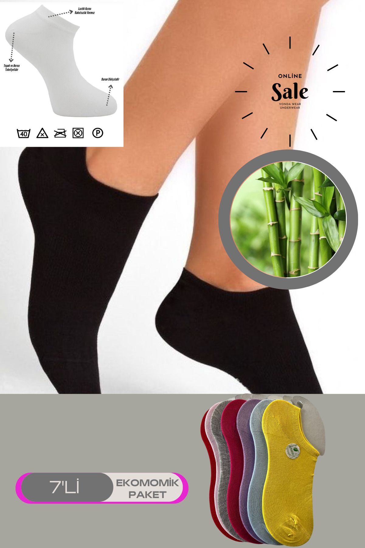 Tina Wear 1005-2 Çok Rekli 7 li Bambu Topuk Burun Dikişsiz Takviyeli Kadın Patik Çorap