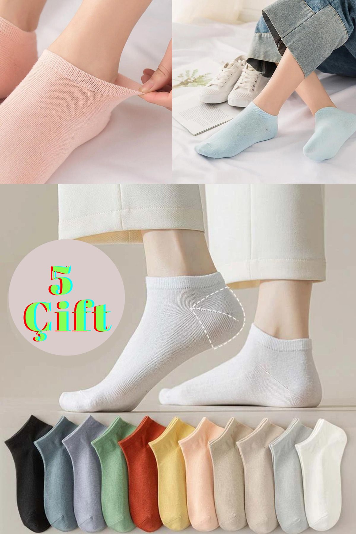 Miss Lana Kadın Renkli 5 Çift Likralı Pamuklu Penye Patik Çorap