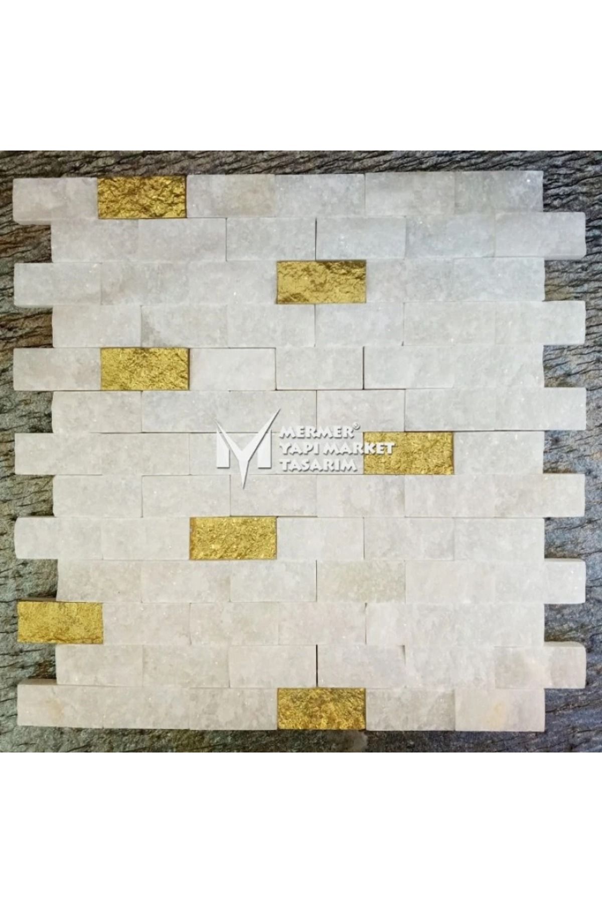 MYM Mermer Yapı Market Tasarım Uşak Beyaz - Altın Yaldızlı Patlatma Mozaik