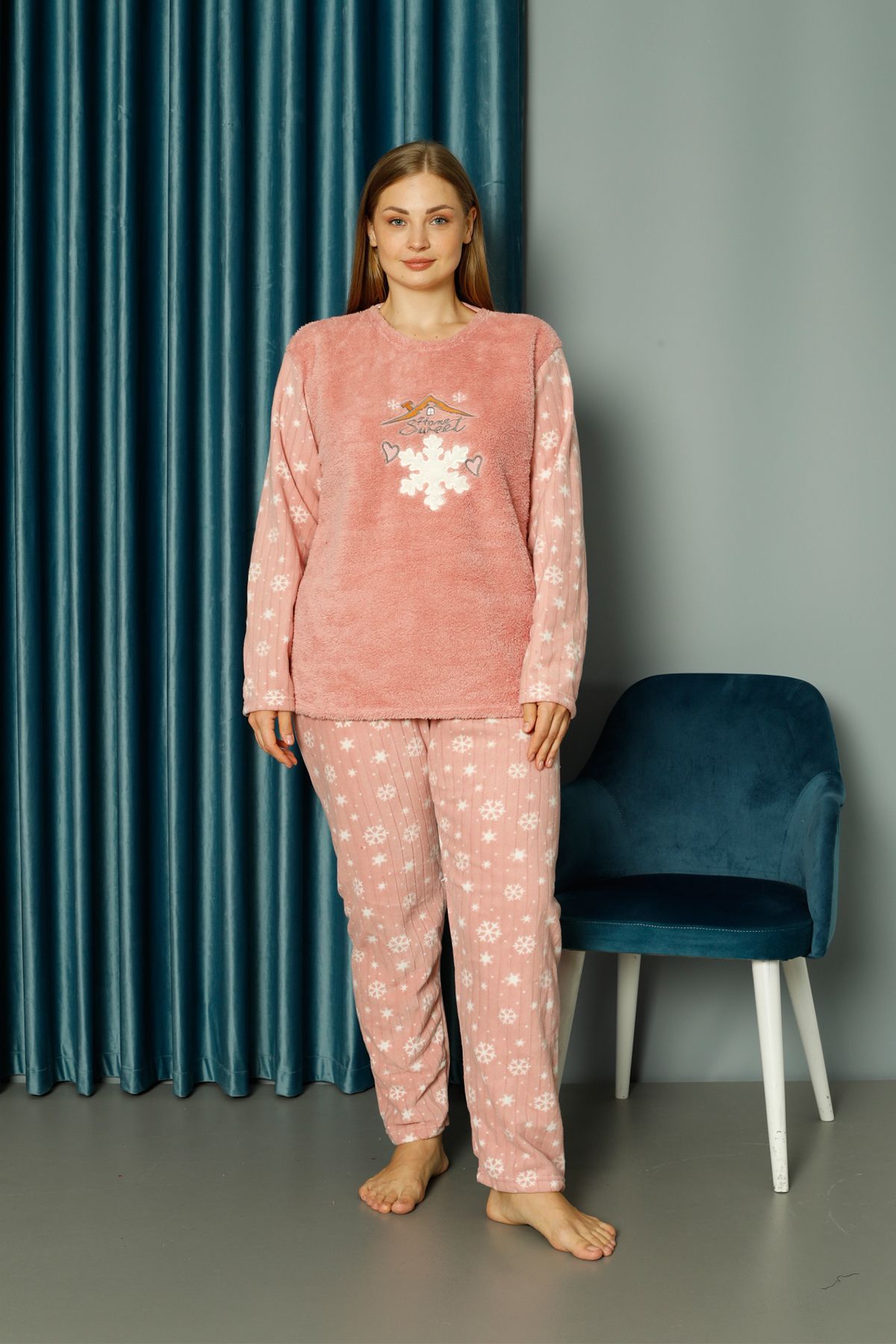 TAMPAP Kadın Büyük Beden Kışlık Polar Pijama Takımı Peluş Desenli Takım Tampap 34012
