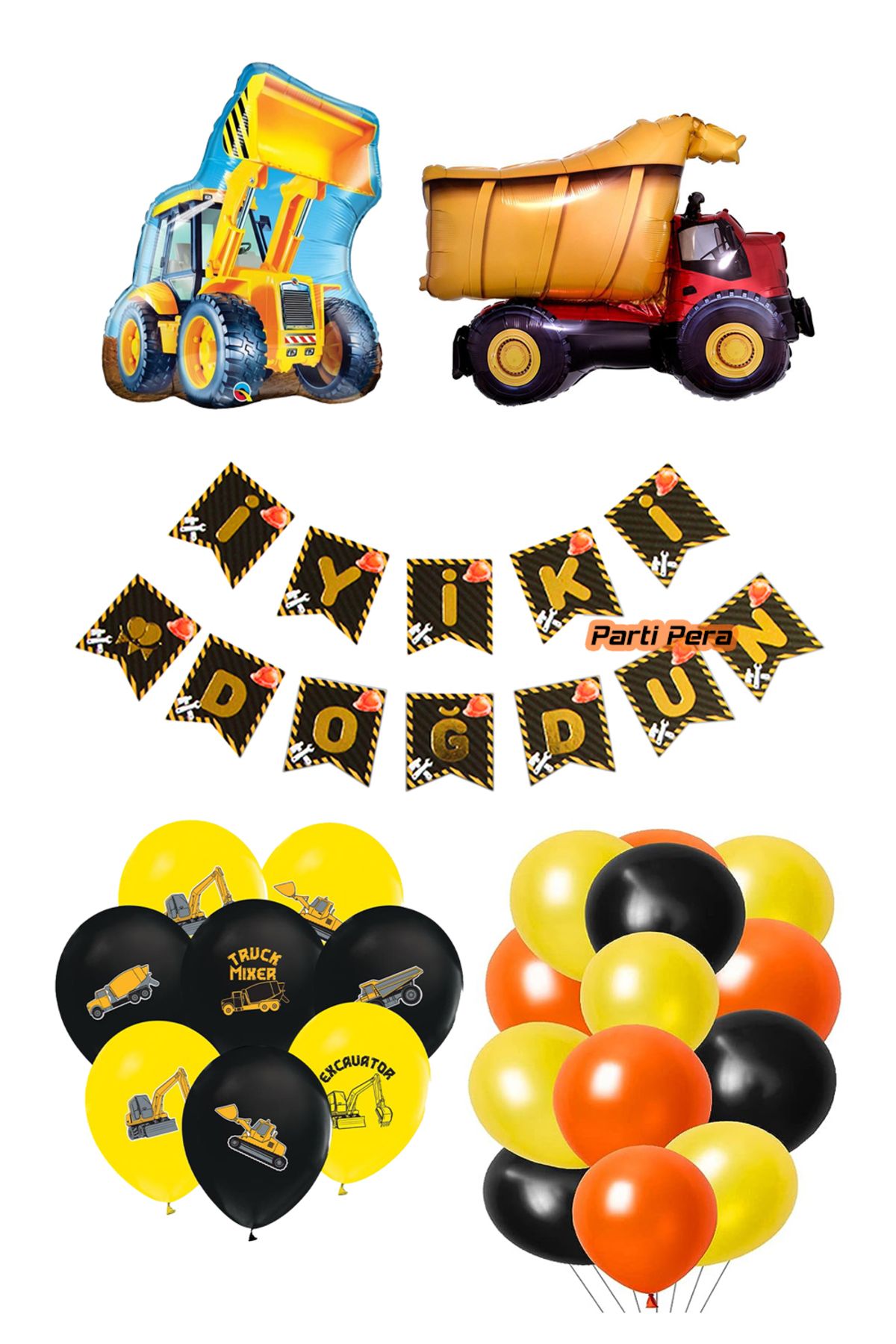 parti pera Kepçe Folyo Balon Kamyon Folyo Balon İnşaat İyiki Doğdun Yazı Baskılı Balon Doğum Günü Balon Seti