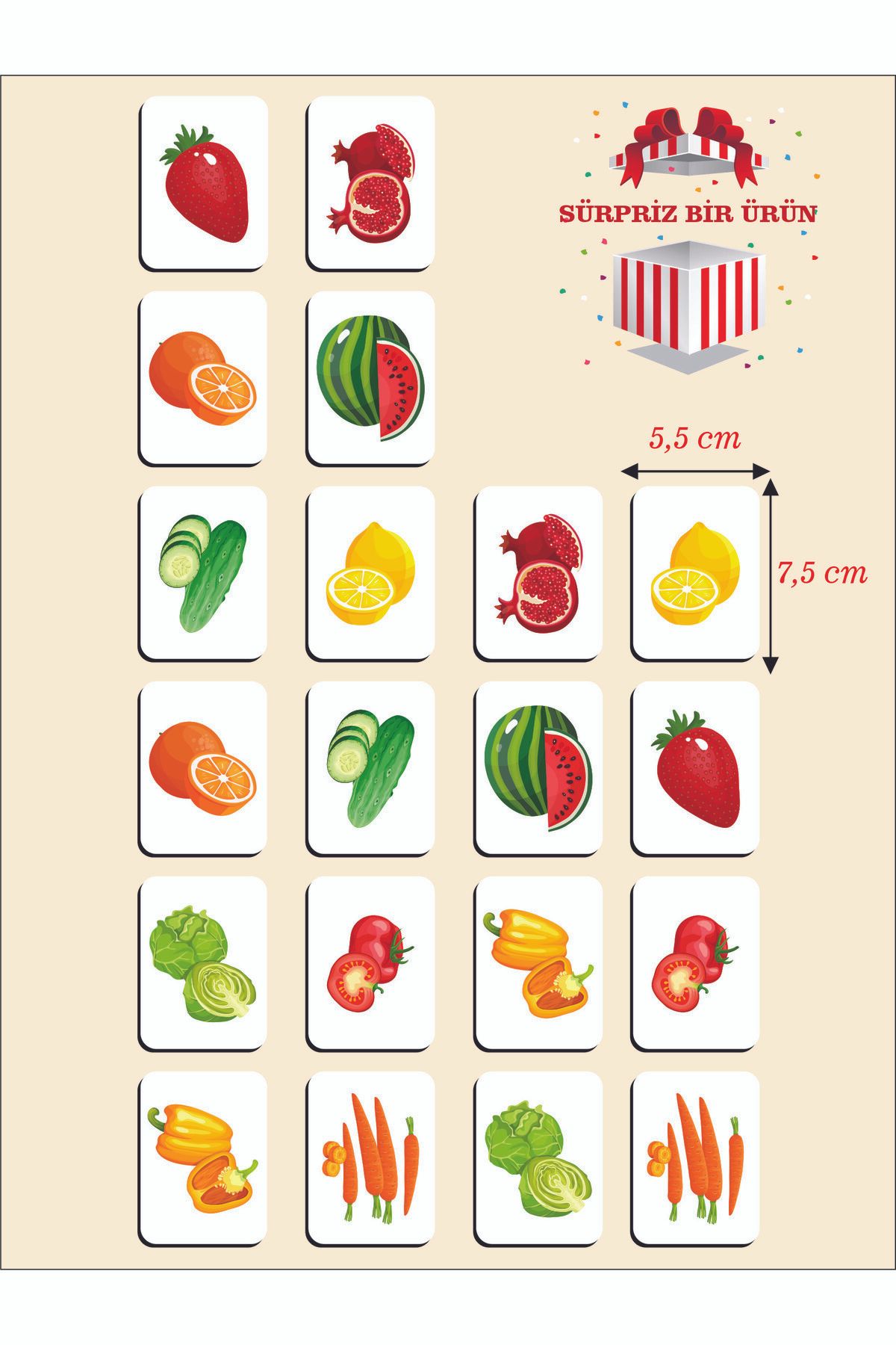 karbonsoft Zeka Kartları Ahşap Eğitici Hafıza Eşleştirme Oyunu Sevimli Meyveler Oyuncak ( 5,5 x 7,5 CM)