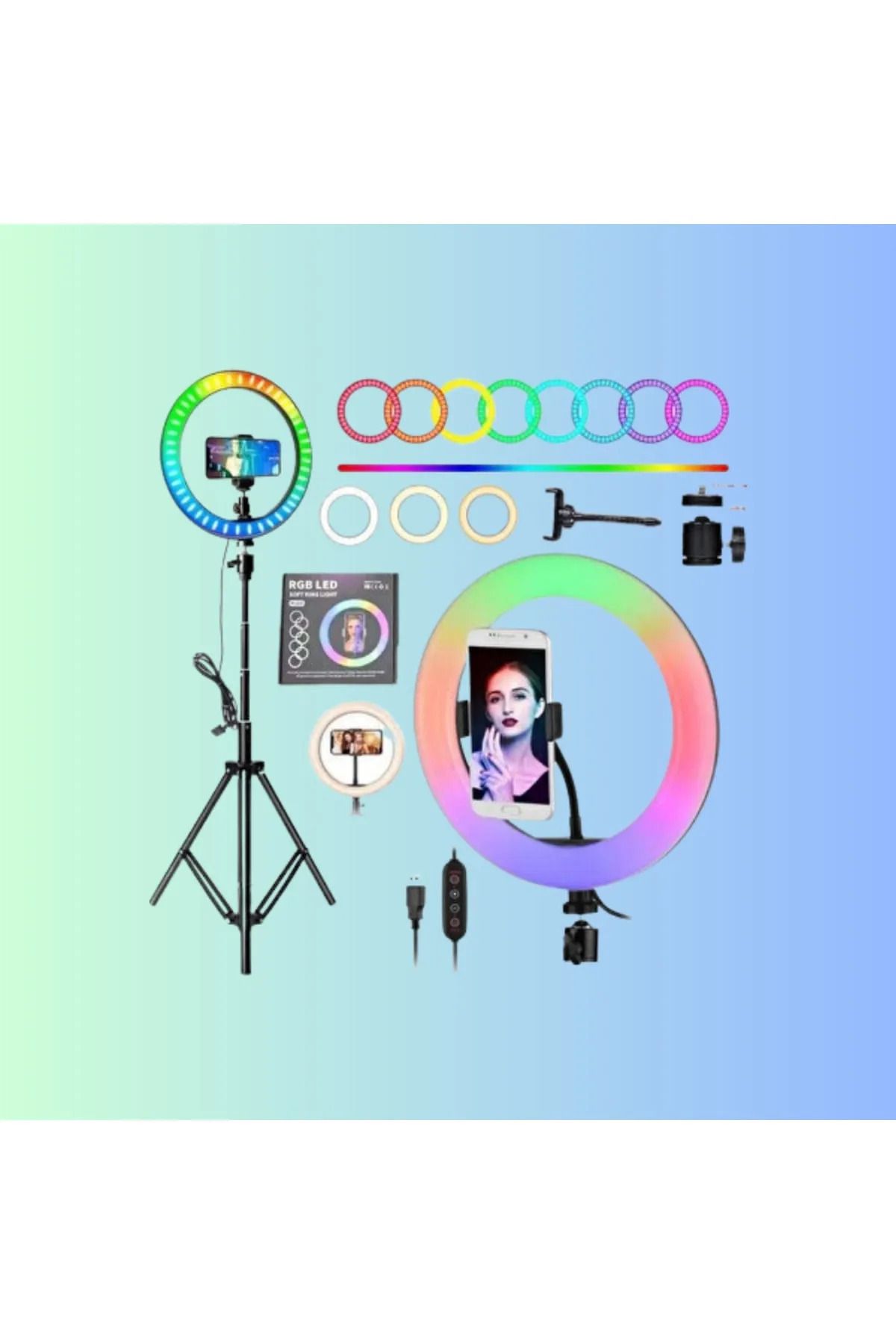 Asfal 10 Inç 26 Cm Rgb Çok Renkli Led Make Up Selfie Işığı 210 Cm Tripot Selfie Çubuğu Tiktok Işığı
