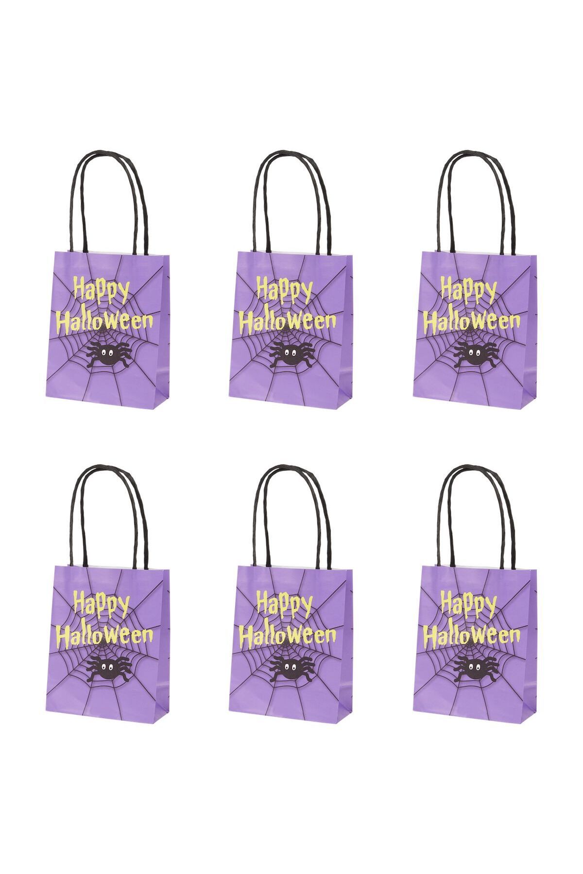 QUEEN AKSESUAR İthal lüks 6lı halloween cadılar Bayramı kraft hediye paketi poşet çanta seti mor örümcek