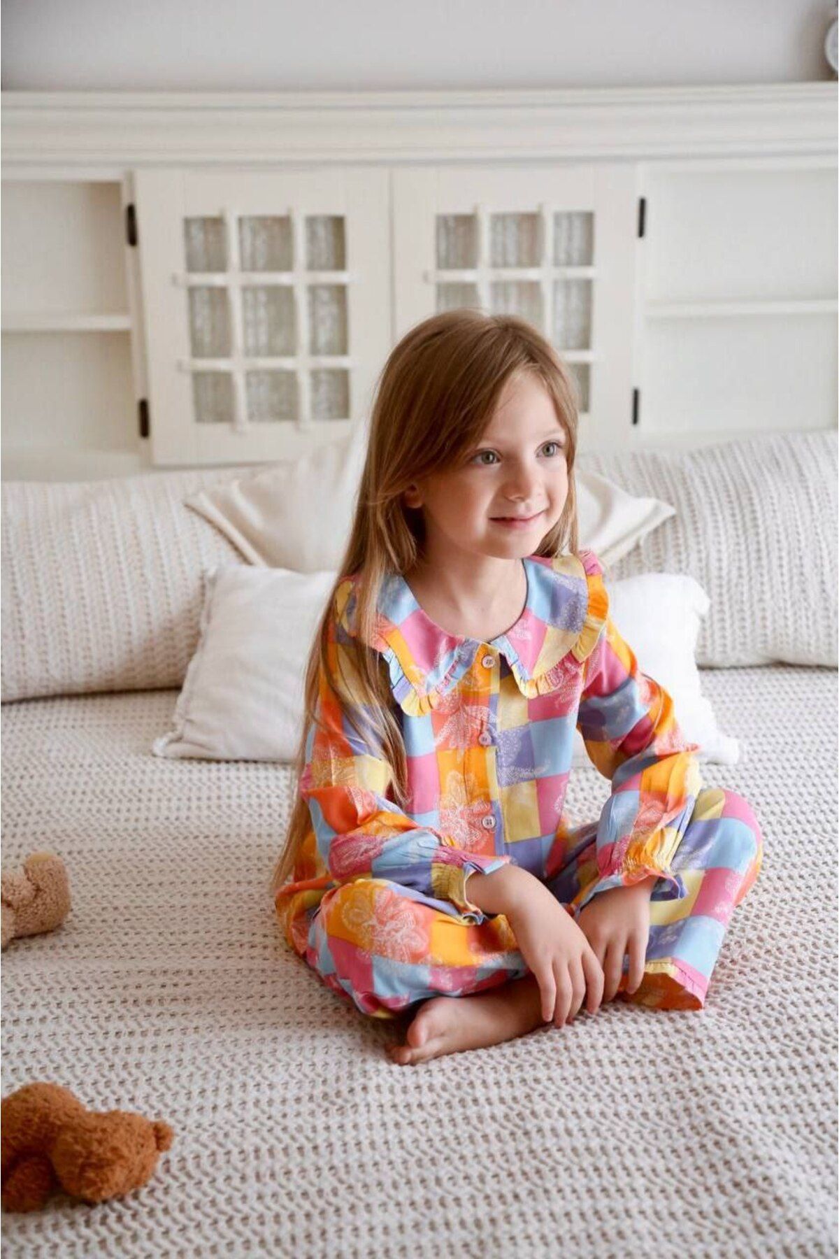 Lolliboomkids Kız Çocuk Düğmeli Pijama Takımı Gömlek Yaka Kareli Çiçekli Pastel Renkler Ev Giyim -Müslin Pamuklu