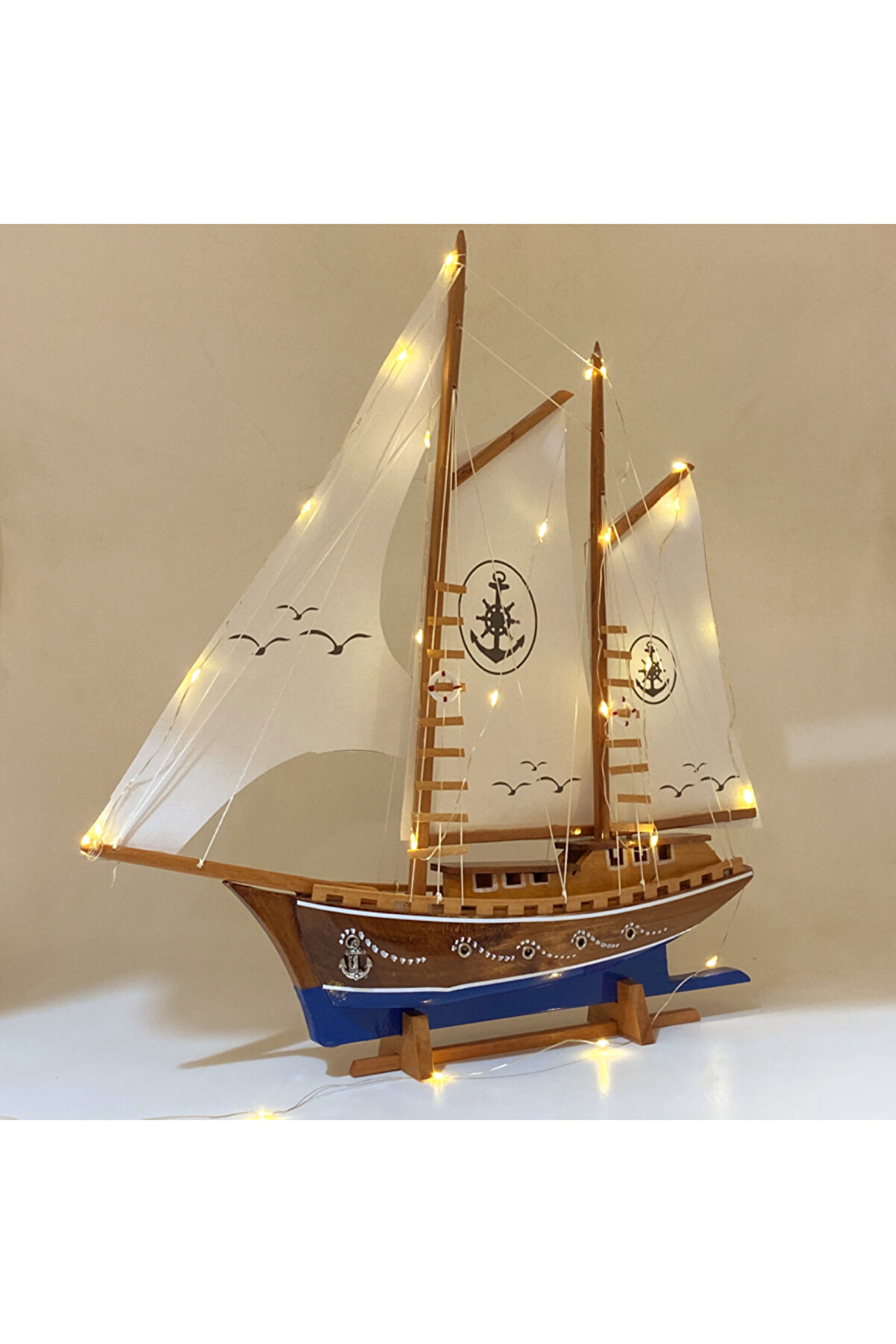 YİĞİTOĞLU DESIGN Özel Tasarım Büyük Boy Ahşap Gemi Maketi - Marin - El Yapımı - Led Işıklı