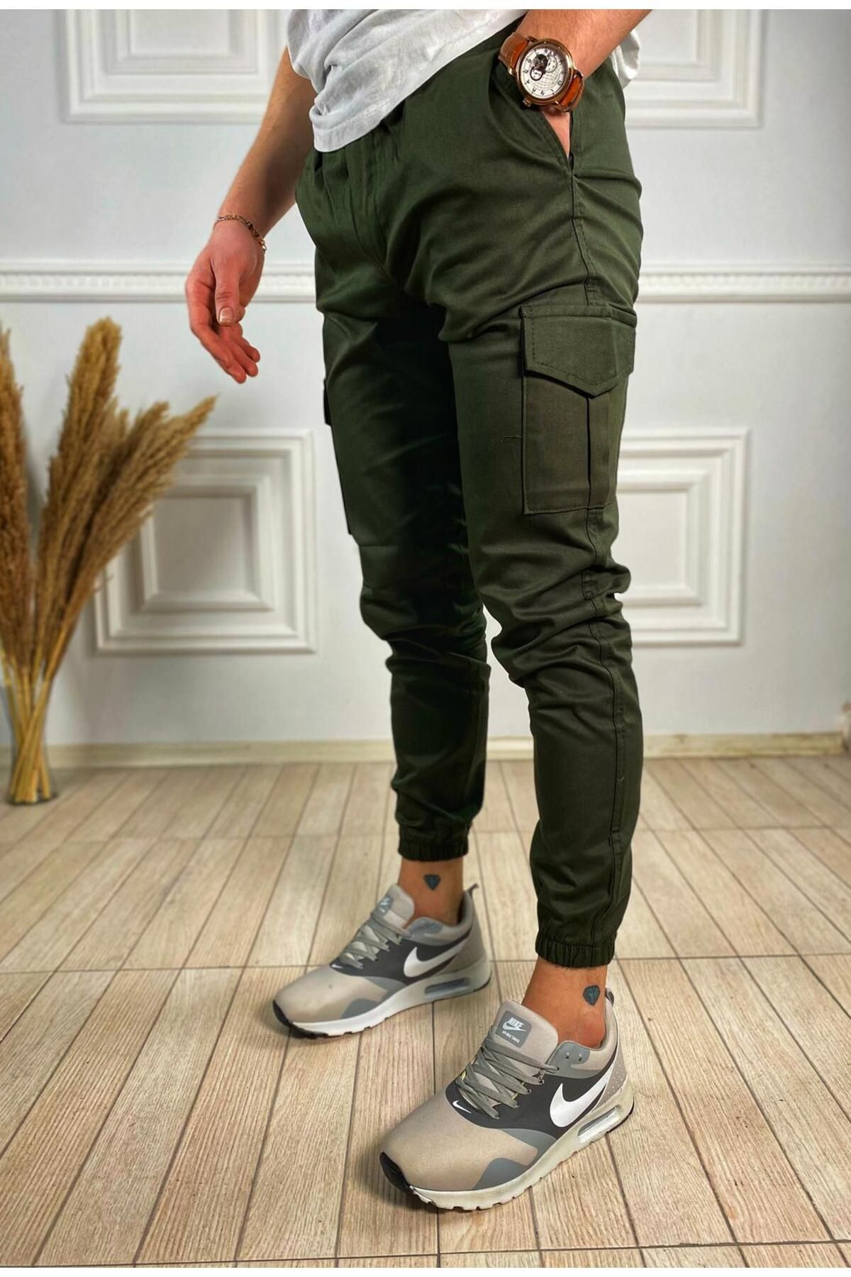 ukdwear Erkek Haki İtalyan Kesim Kargo Cep Likralı Pantolon