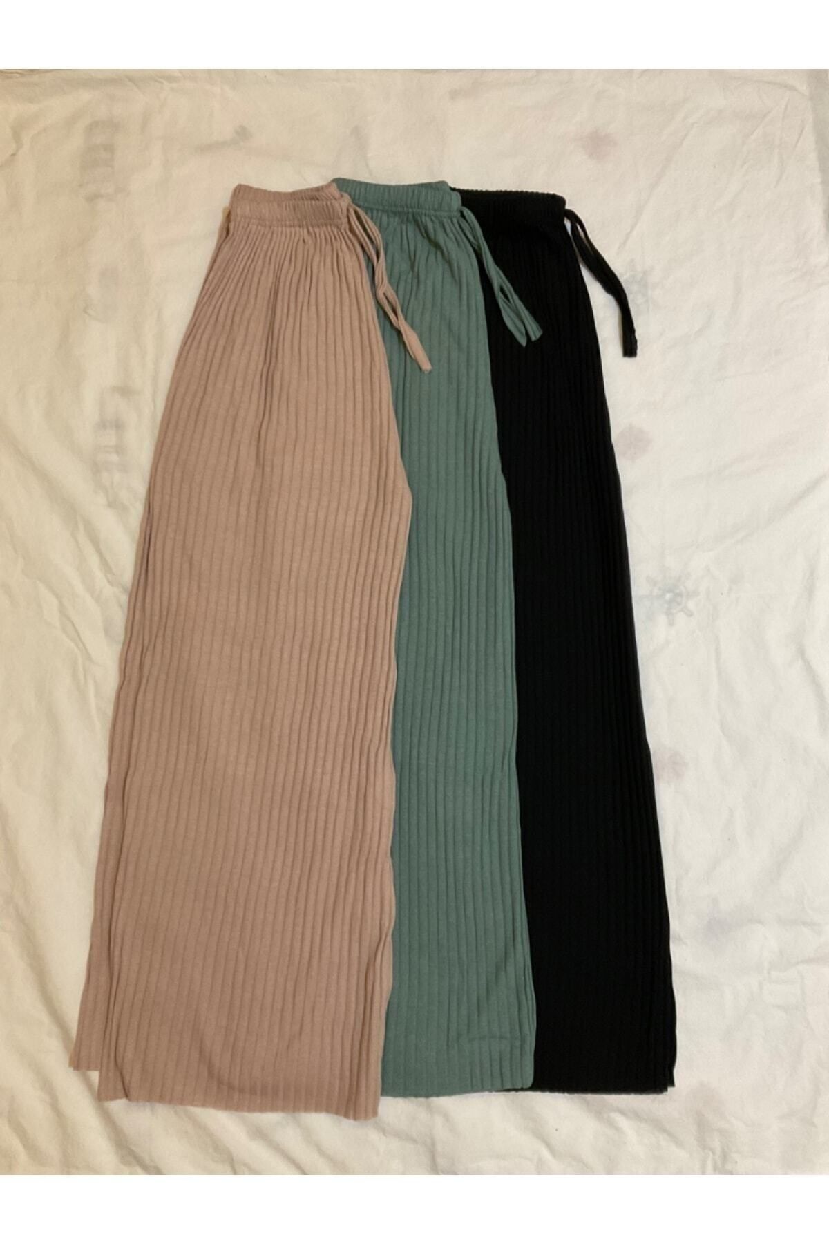 Asel 3'lü Siyah - su yeşili - Ten Kadın Fitilli Rahat Pantolon & Eşofman, Gündelik Rahat Ev Giyim Pijama