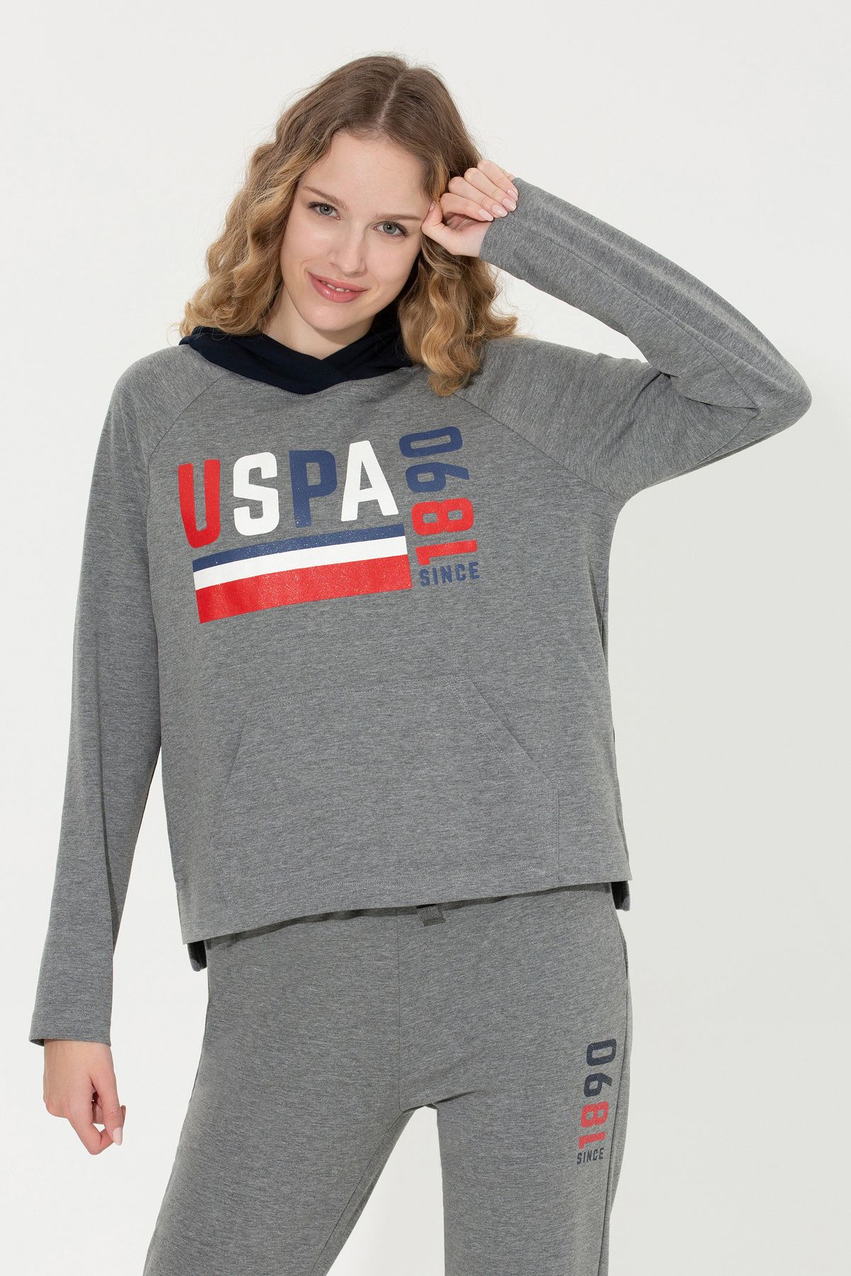 U.S. Polo Assn. Kadın Gri Melanj Kapüşonlu Sweatshirt
