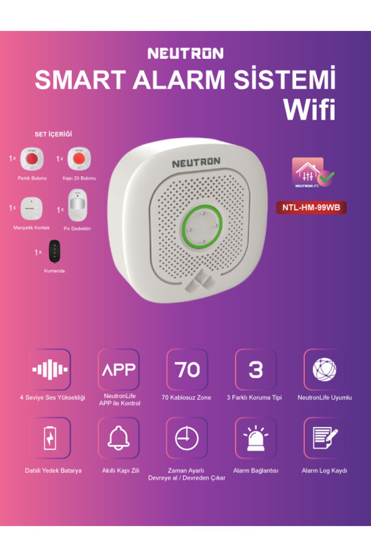 NEUTRON Wi-fi Smart Alarm Ve Güvenlik Sistemi - Kablosuz Alarm Seti - App Ile Kontrol