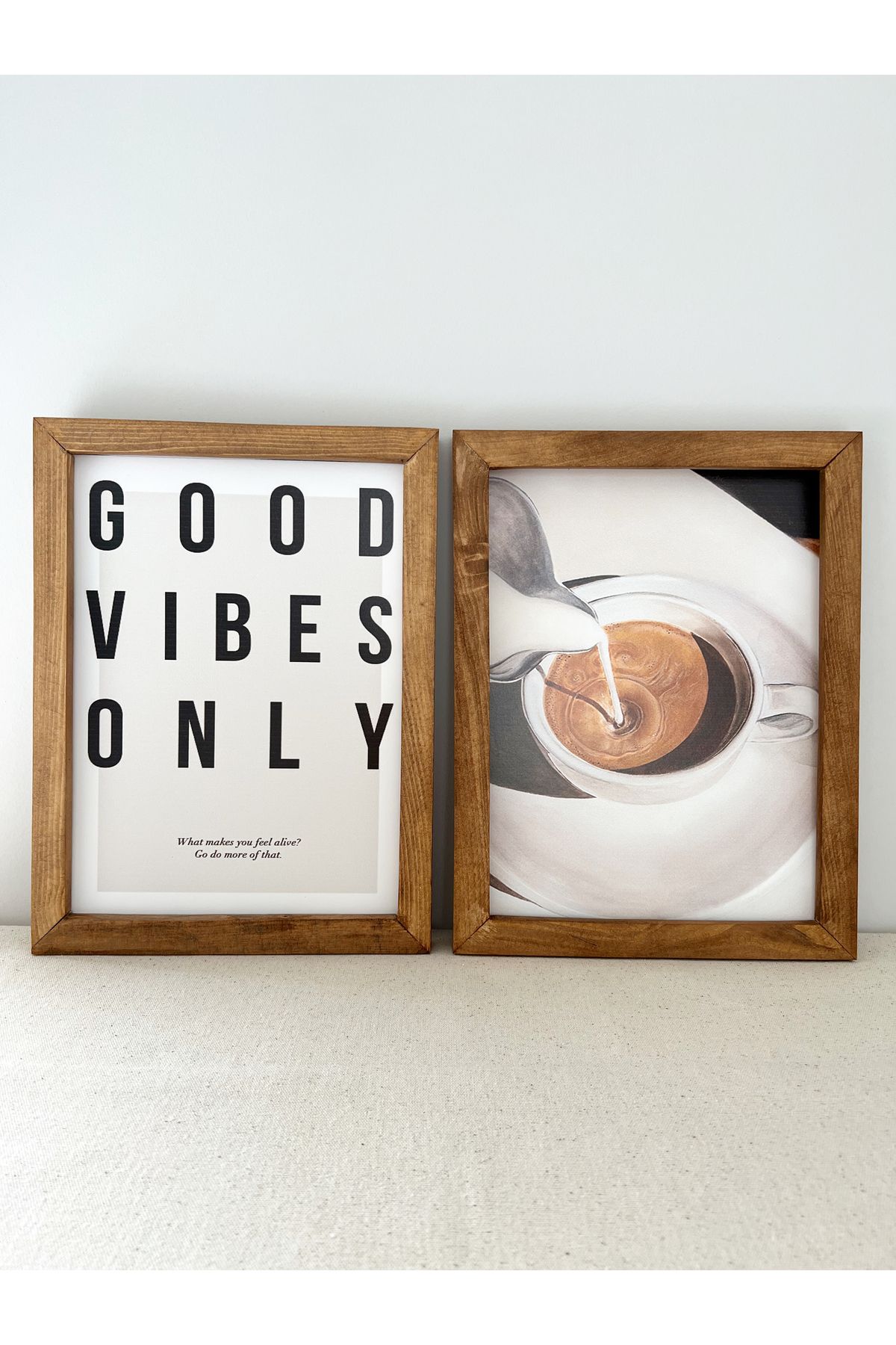Puu Design Kahve Köşesi Retro Coffee Fincan Good Vibes Only Posterli Ahşap Çerçeveli Tablo Seti 23*30 cm